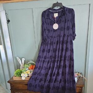 Umgee Navy Polka Dot Tiered Maxi Dress